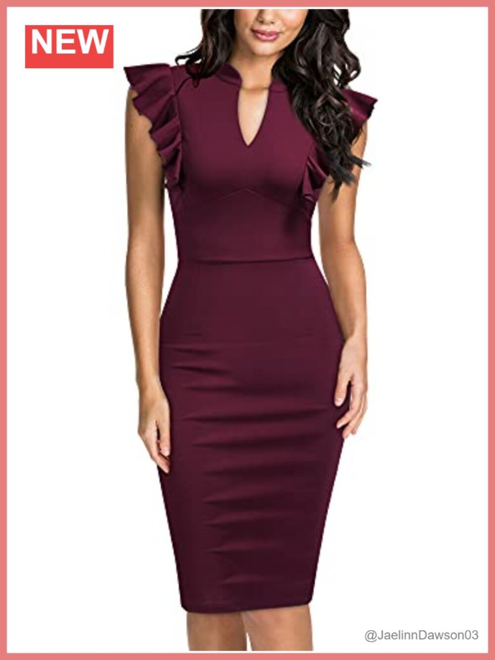 Knitee Vintage Ruffle Sleeve V-Neck Cocktail Pencil Sheath Dress Knee Length